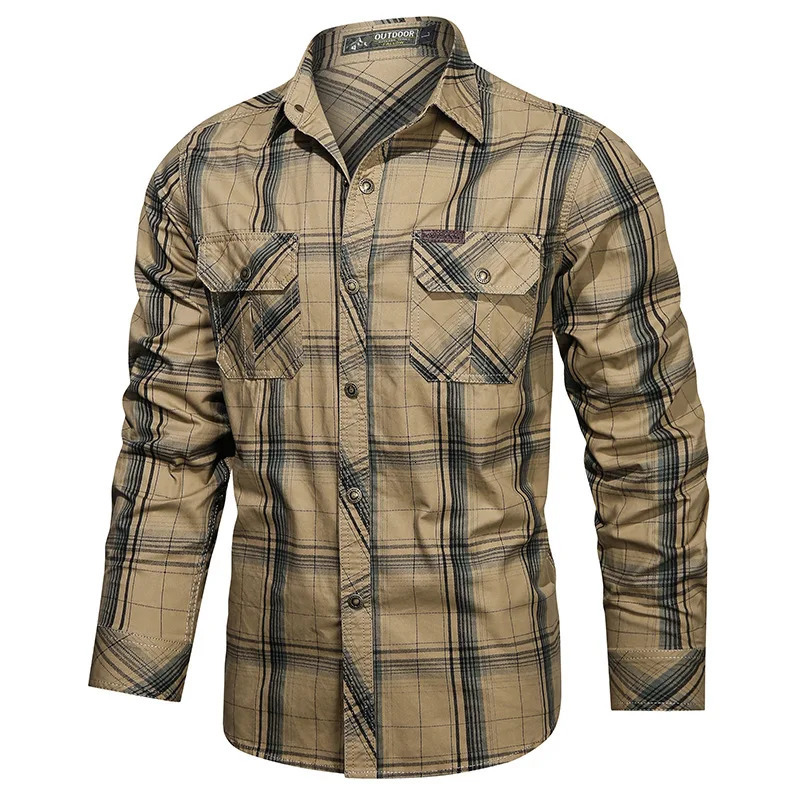 2024 Plaid Shirt for Men Long Sleeve Striped Outdoor Casual Shirts Turndown Collar 2Pokcet Cargo High Quality Tops 250704