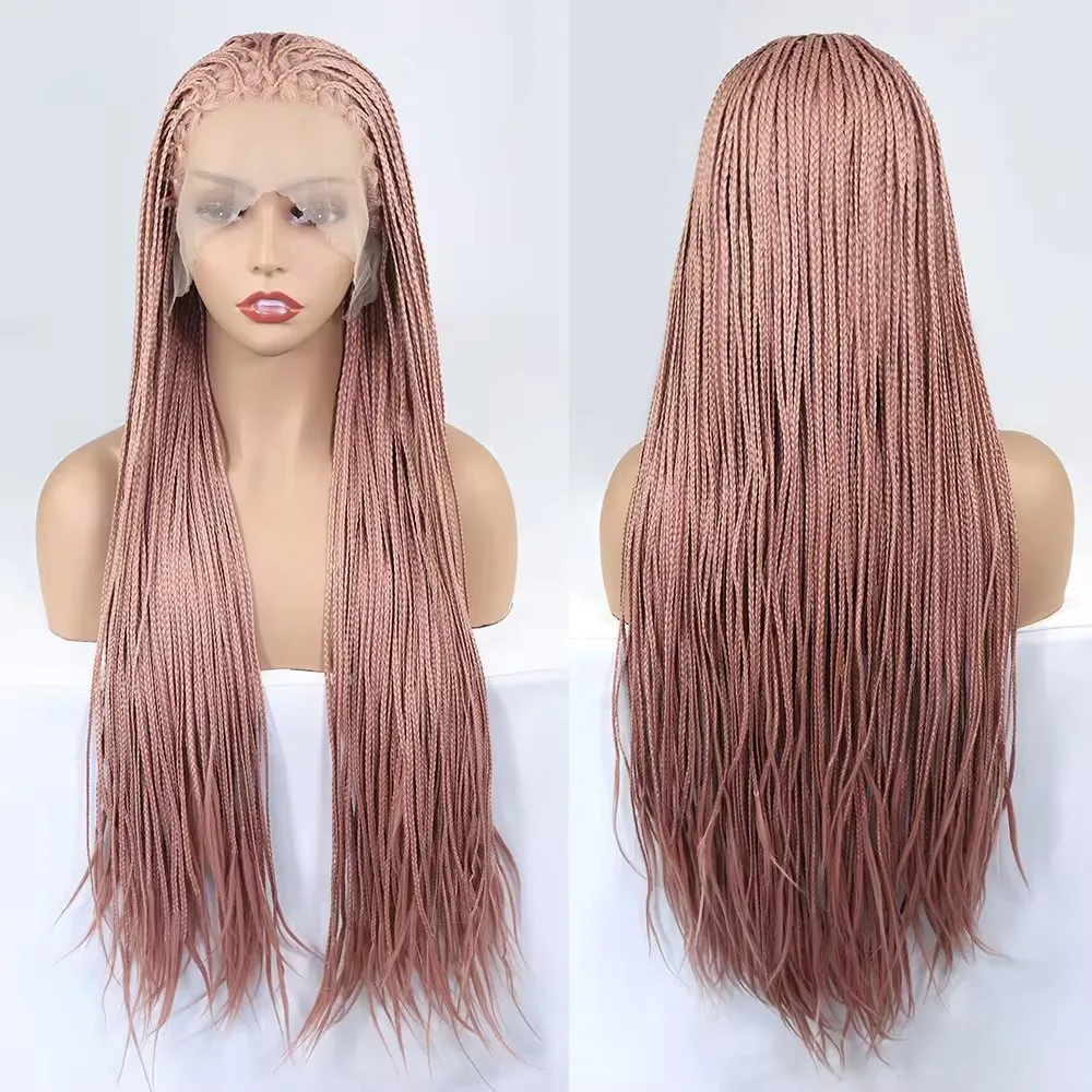 24 Inch Braids Wig Light Brown Simulation Human Hair Boho Box Full Lace Front Wig Heat Resistant Synthetic Braided Wig for Women Long Bohemian Wigs Tw