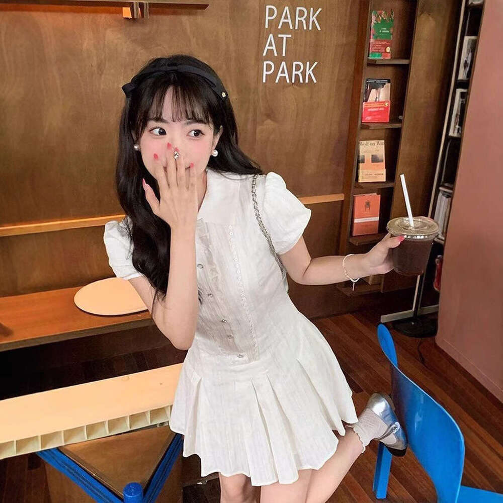 College White Puff Sleeve Shirt For Women Summer French Style Elegant Petite Waist-Cinching Sweet Short Dress B5