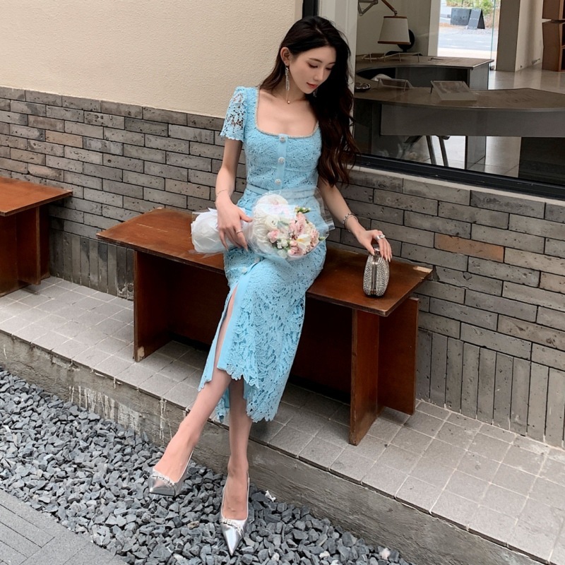 2025 New Women's Dress Summer New Women's Fashion Sexy Collar Heavy Lace Dress High Waist Slimming Short Sleeve Long Dress Blue Black New De