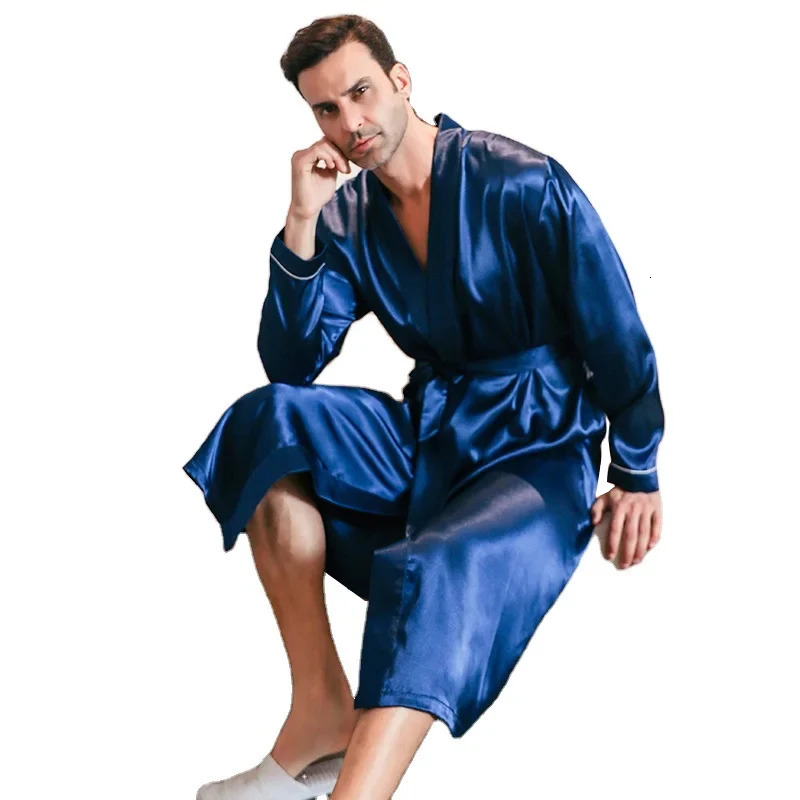 Pajama mens spring and autumn silk thin style oversized pajamas long sleeved bathrobes ice silk bathrobes home clothing summer 250710