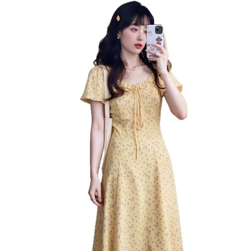 French Style Square Neck Puff Sleeve Yellow Floral Summer New Design Waist-Cinching Long Dress For Women B5