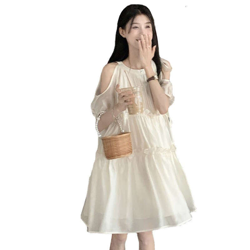 French Style Gentle Temperament Slimming Off-Shoulder For Women Summer New Design Sense Niche Loose Apricot Dress B5