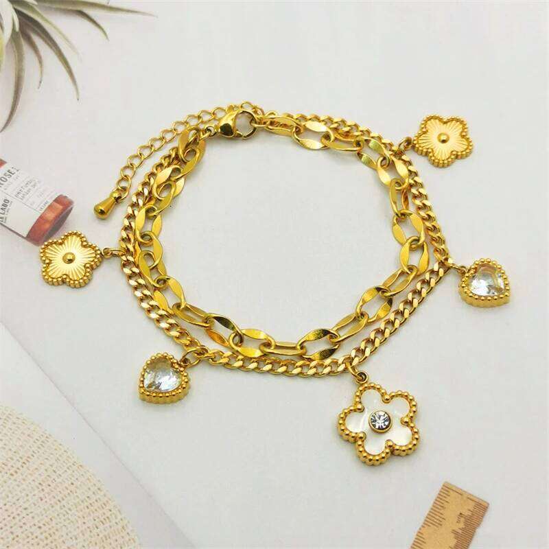 Kuziduocai Statement 316L Stainless Steel 2025 New Fashion Jewelry Zircon Seashell Heart Flowers Charm Chain Bracelets For Women