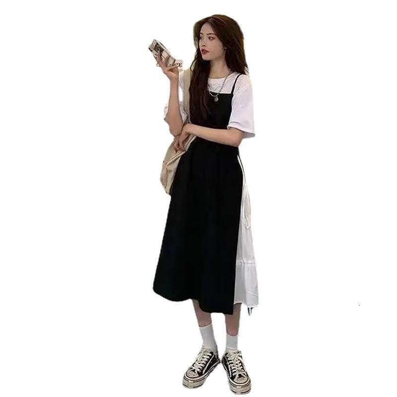 And White Patchwork Two-Piece Set For Women Gentle Streetwear Summer French Style Strap Little Black Dress B5
