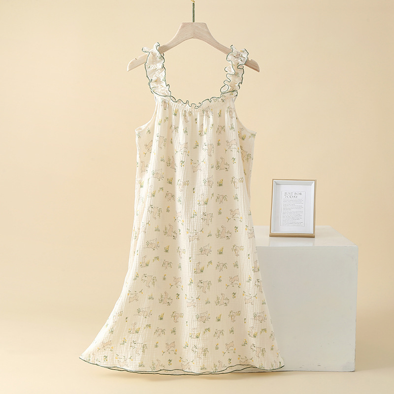 B907-Summer suspender pajamas women's mid-length sleeve nightdress thin summer home dress
