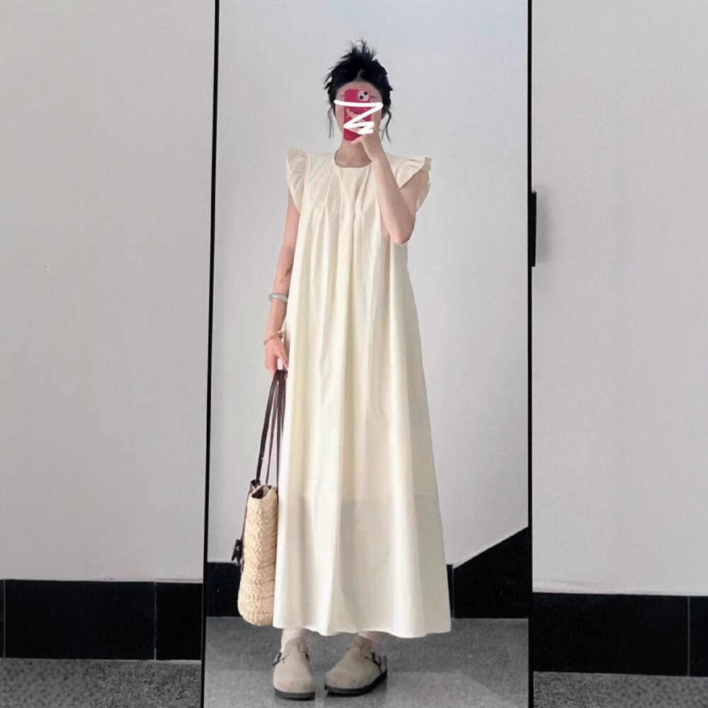 New Flying Sleeve Plus Size MM Beach Vacation Round Neck French Style High-End Loose Slimming Elegant Long Dress B5