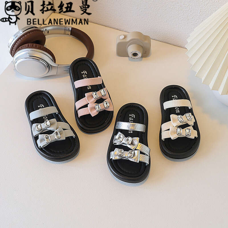 Choice Children's French Style Bowknot One-Strap 2025 Summer New Thick-Soled Rhinestone Sandals for Girls