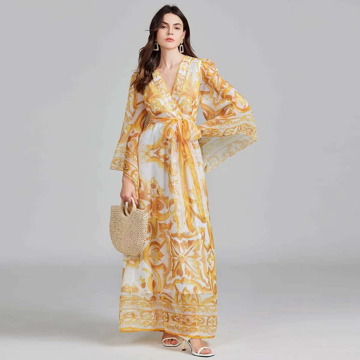 Summer Autumn Golden White Porcelain Flower Print Lantern Long Sleeve Maxi Dress For Women Muslim Style Prom Evening Dresses dongdumaoyi