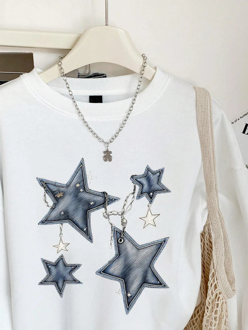Street Women Sweatshirts Denim Prints Star Graphic Pullover Fashion Loose Crewneck Hoodie Warm Fleece Female Clothes 250707