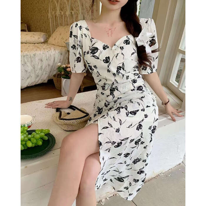 Tea Break French Puff Sleeve Floral For Women Summer New High-End Elegant Waist-Cinching Backless Long Dress B5