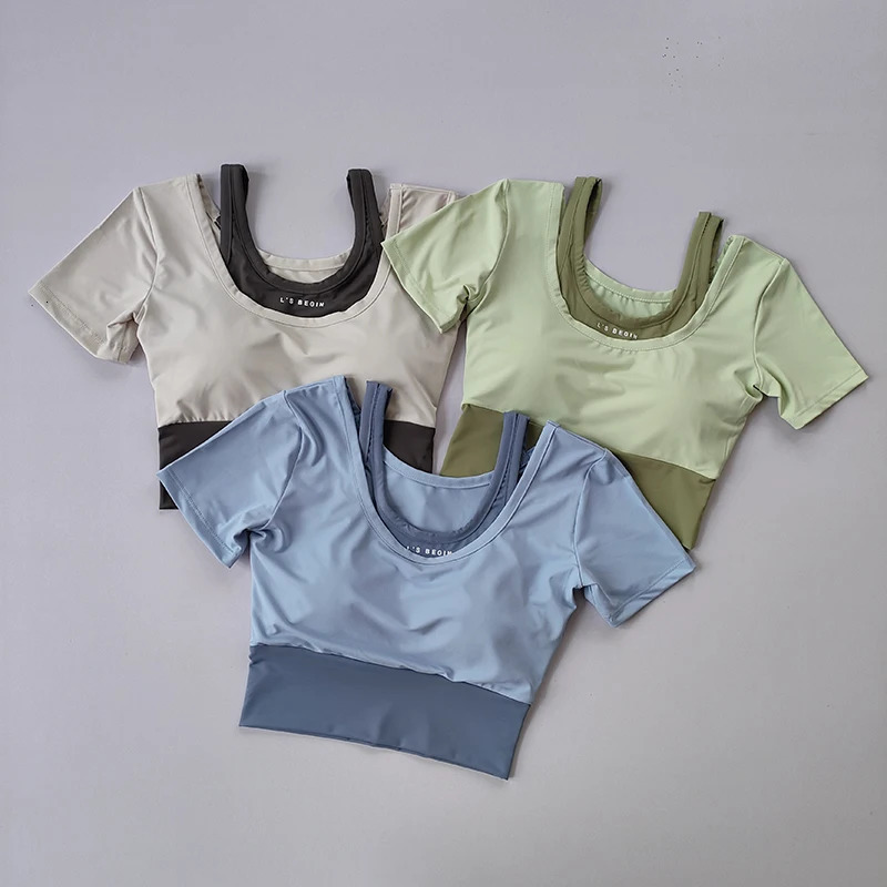twopiece sports short sleeved womens summer breathable fitness top with bra fast drying tight dance yoga clothes 250708