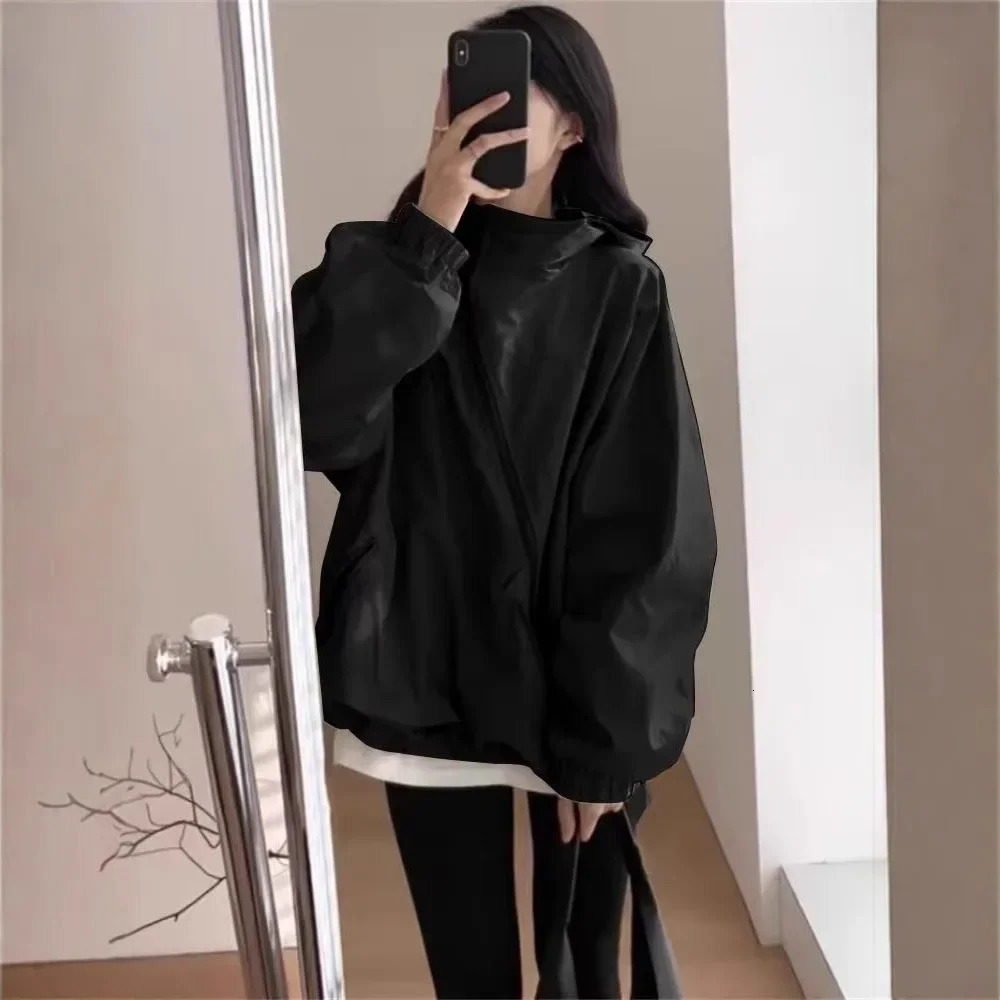 Korean Style Thin Windbreaker Jacket Womens Casual Workwear Coat with Hood Personalized Fashion Loose Fit Outerwear 250708