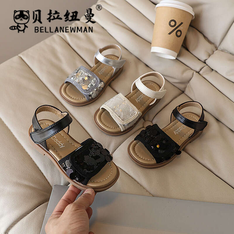 Girls' Fashion Sequin Princess 2025 Summer New Korean Style Children's Soft Sole Beach Black Sandals