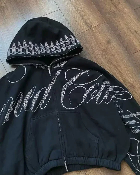 American Retro Cropped Hoodie Y2K Womens Hip Hop Letters Sequins Oversized Zipper Sweatshirt Casual Jacket 250714