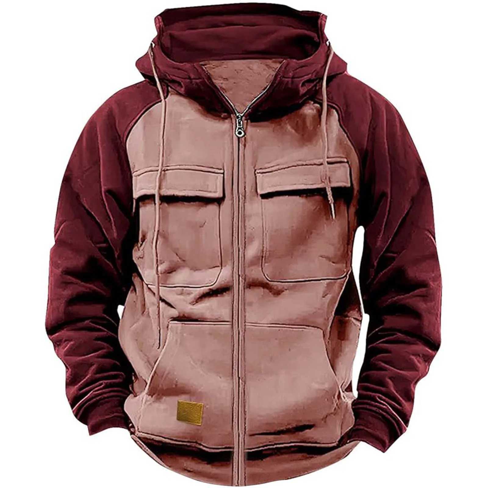 Autumn Winter Hoodies Men Zipper Patchwork Warm Fleece Sweatshirts Multi Pockets Mens Fashion Hooded Jacket Thick Outdoor Hoodie XJ250714