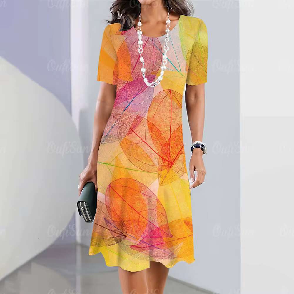 2024 New Leaf Print Elegant Beautiful Midi Dresses Fashion Plus Size Womens Dressess dongdumaoyi