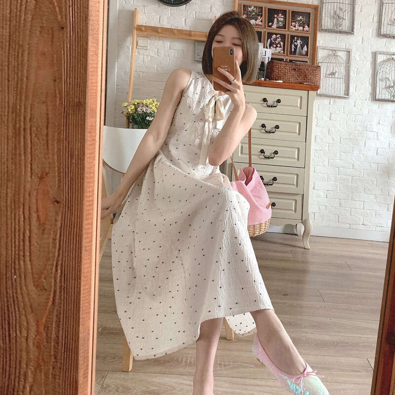 Summer Tea Break French Style First Love Design Sense Beige Polka Dot For Women High-End Gentle Sweet Long Dress B5
