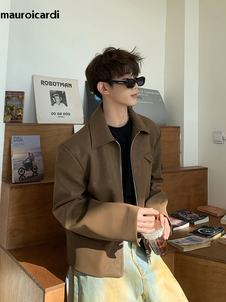 Mauroicardi Spring Autumn Cool Short Brown Soft Black Pu Leather Jacket Men Turn-down Collar Loose Casual Korean Clothes 250708