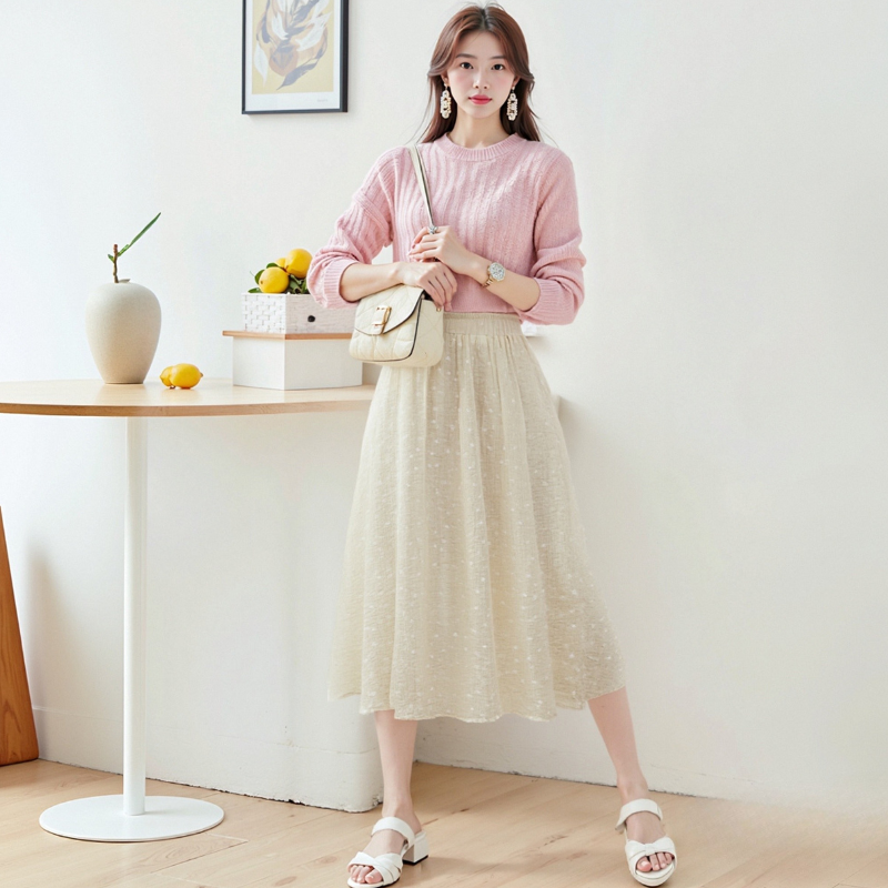 Casual Elegance Textured Denim-Like Patterned Skirt Featuring Chic Embroidery