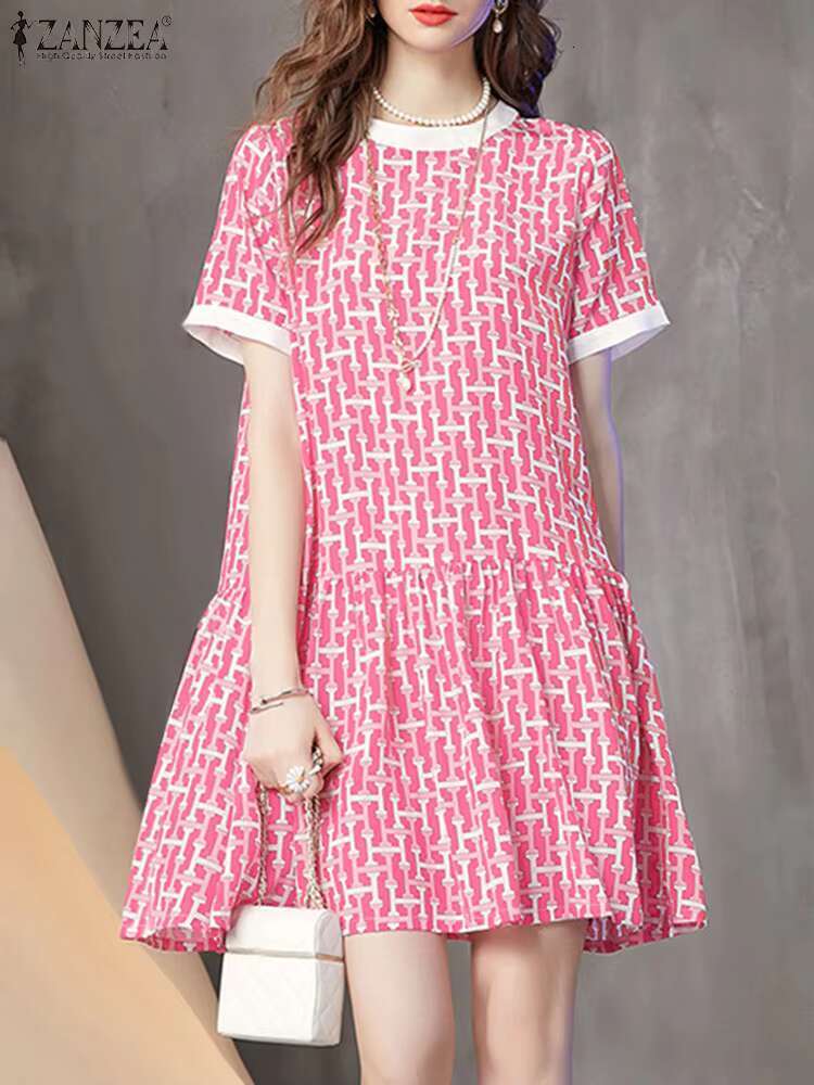 Elegant Short Sleeve Holiday Sundress 2024 ZANZEA Summer Fashion Printed Knee-length Dress Women Robe Femme Party Work Vestido dongdumaoyi