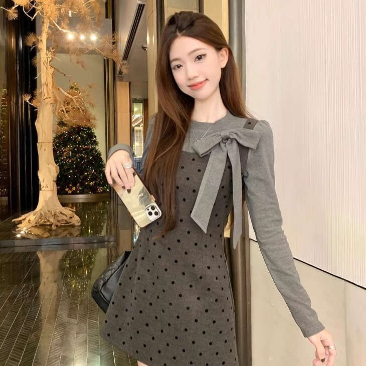 Korean Style Two-Piece Bowknot Polka Dot Set Spring And Autumn New Waist-Cinching Slimming A-Line Long Dress For Women B5