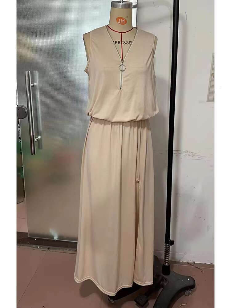 Fashion Sleeveless Tank Zipper Long Dress 2023 Summer Loose Casual Solid Slit Elegant Ladies Dresses For Women dongdumaoyi