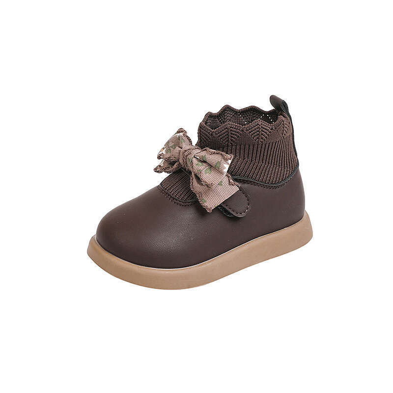 Girls' Bowknot Sweet Sock 2023 Autumn Fashion Children's Black Leather Boots for Young and Middle-aged Kids