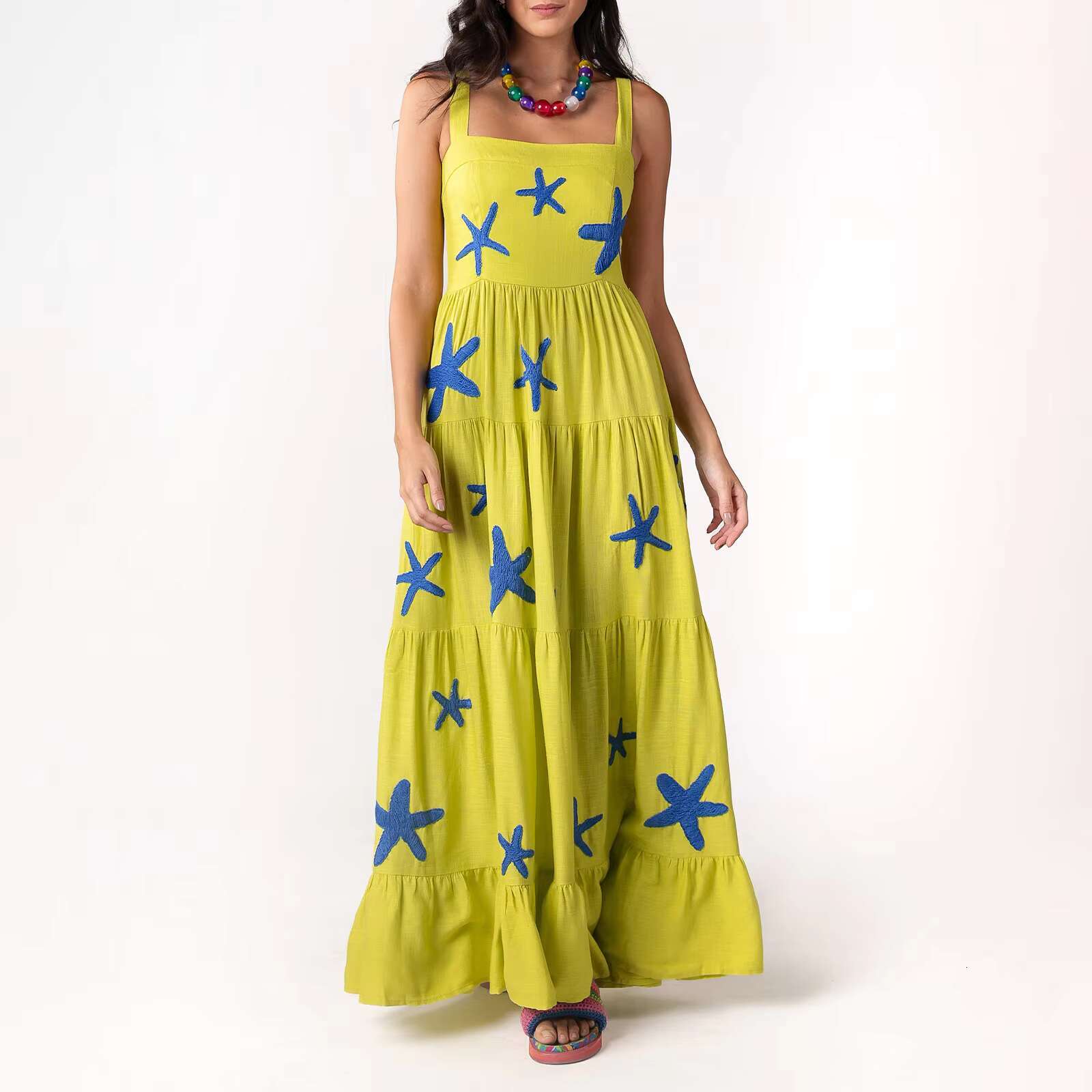 Imcute Women Cute Embroidered Beach Summer Boho Ruffle Long Spaghetti Strap Flowy Maxi Dress dongdumaoyi