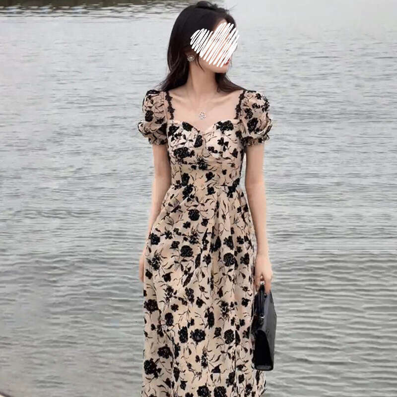 Floral Summer New Women's Fashion Petite French Tea Break Waist-Cinching High-End Strap Dress B5