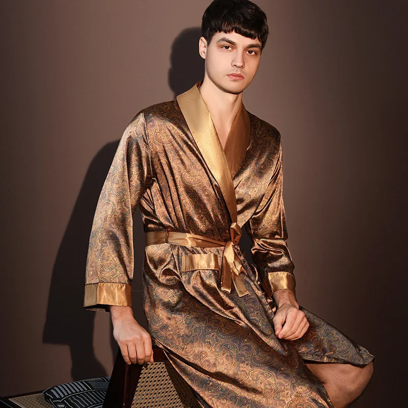 High Quality Nightrobes Men Summer Thin Bathrobe Large Size Ice Silk Printed Pajamas One-piece Robe Male Loungewear Gents Spring 250710
