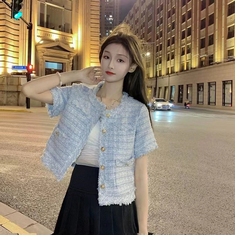 Fashion Tweed Jacket Women Spring Vintage Elegant Coat Single Breasted Blazer Ladies All Match Chic Short Outerwear Tops 250709