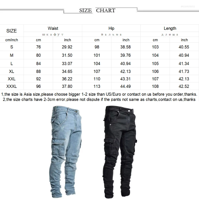 Men's Jeans Fashion Streetwear Ripped Skinny Men Side Mulit Pockets Denim Cargo Pants Slim Fit Pantalones Hombre Soft Elastic Joggers