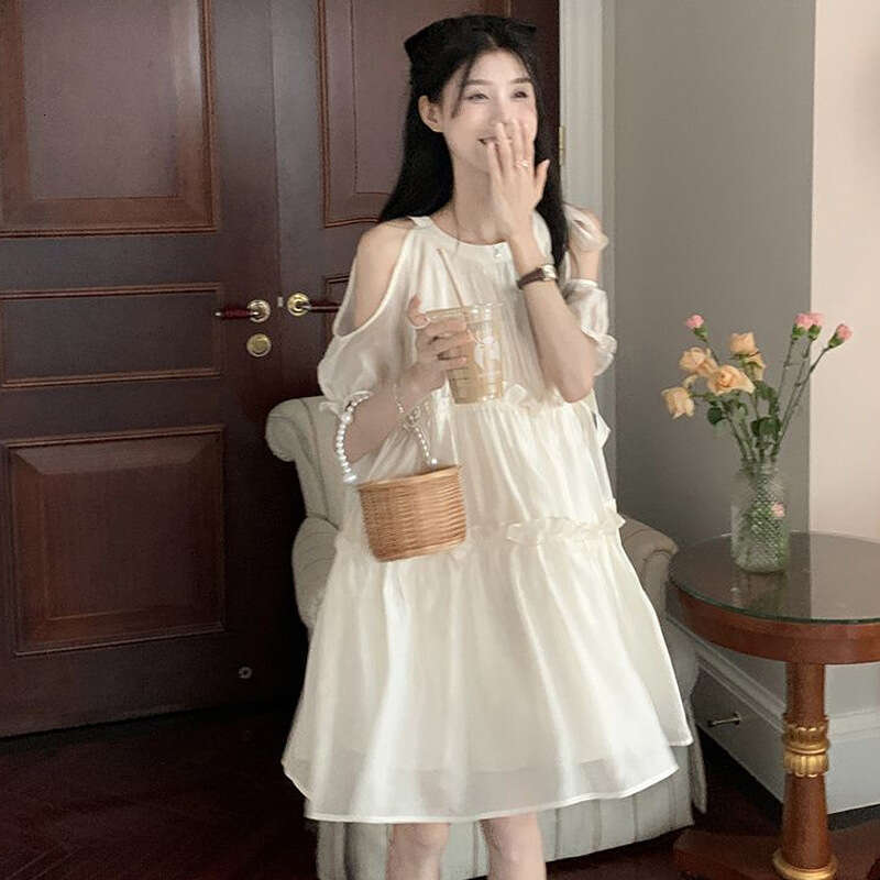 French Style Gentle Temperament Slimming Off-Shoulder For Women Summer New Design Sense Niche Loose Apricot Dress B5