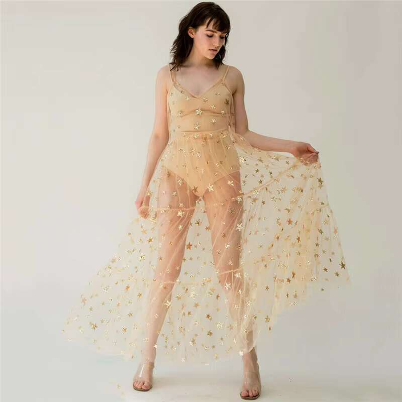 Spaghetti Dresses Straps See Through Summer Sweet Tulle Long Women Fashion Bling Dress dongdumaoyi