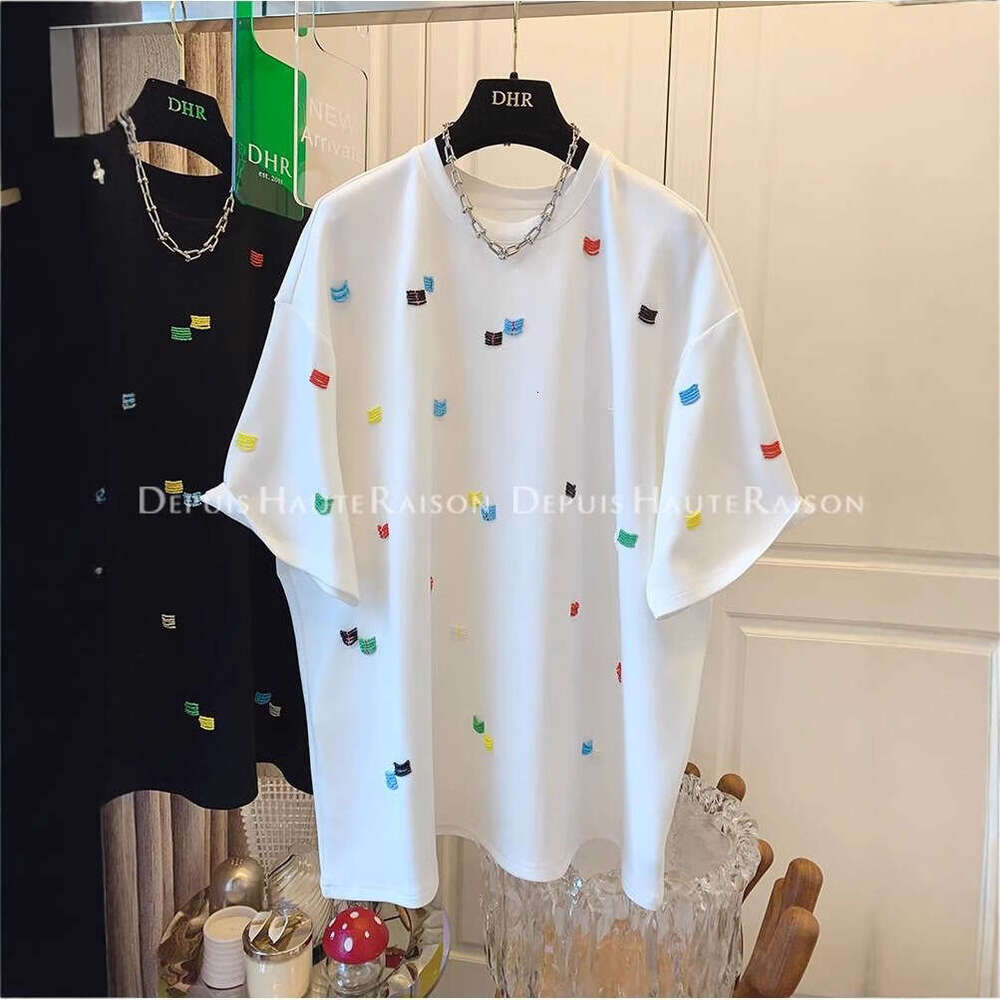 Summer Regular Shoulder Short Sleeve Unique Korean Style Embroidered Top Niche Design Loose Plus Size Women's T-Shirt B5 h7