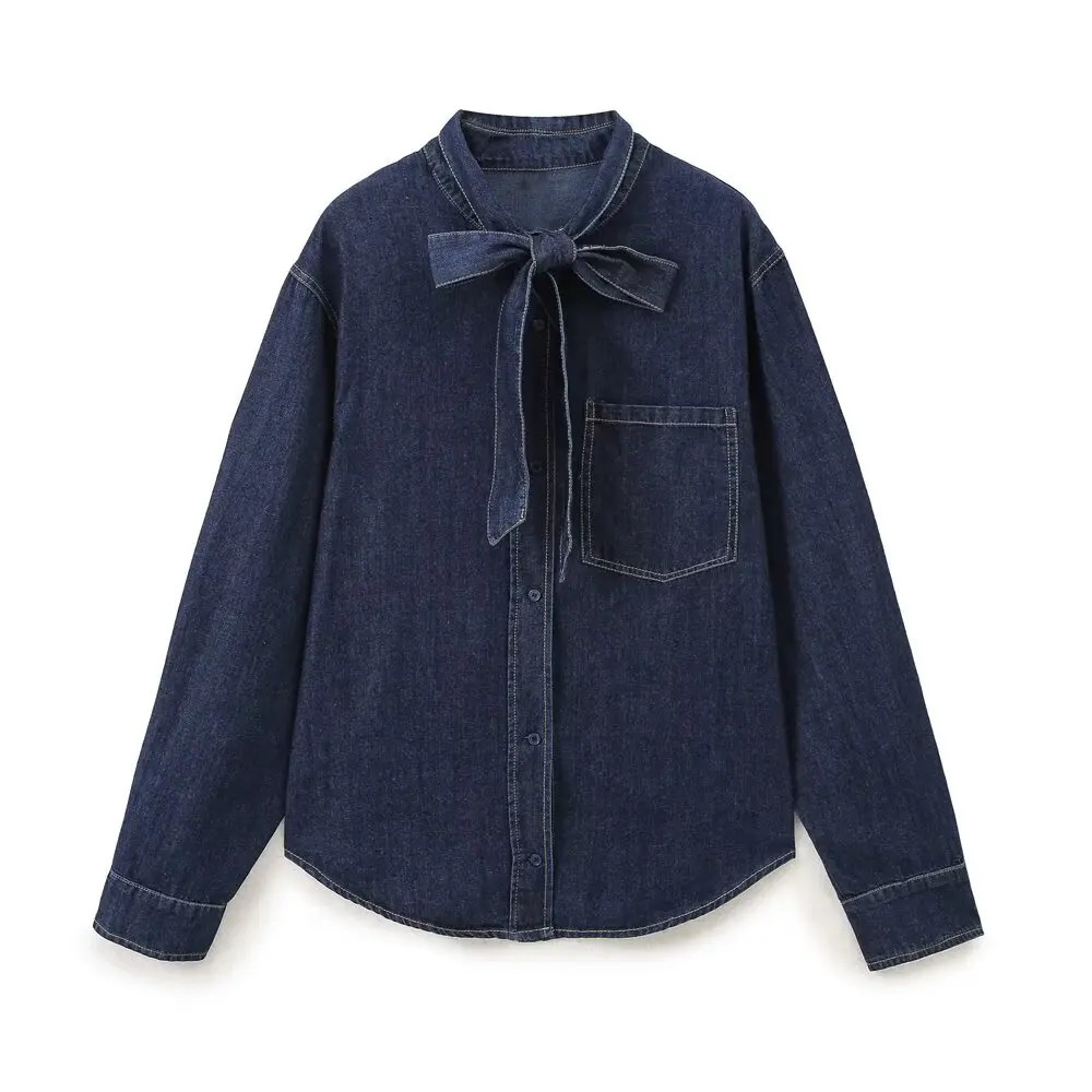 European And American Style Autumn Product Womens Versatile Bow Decoration Long Sleeved Casual Slim Denim Shirt 250704