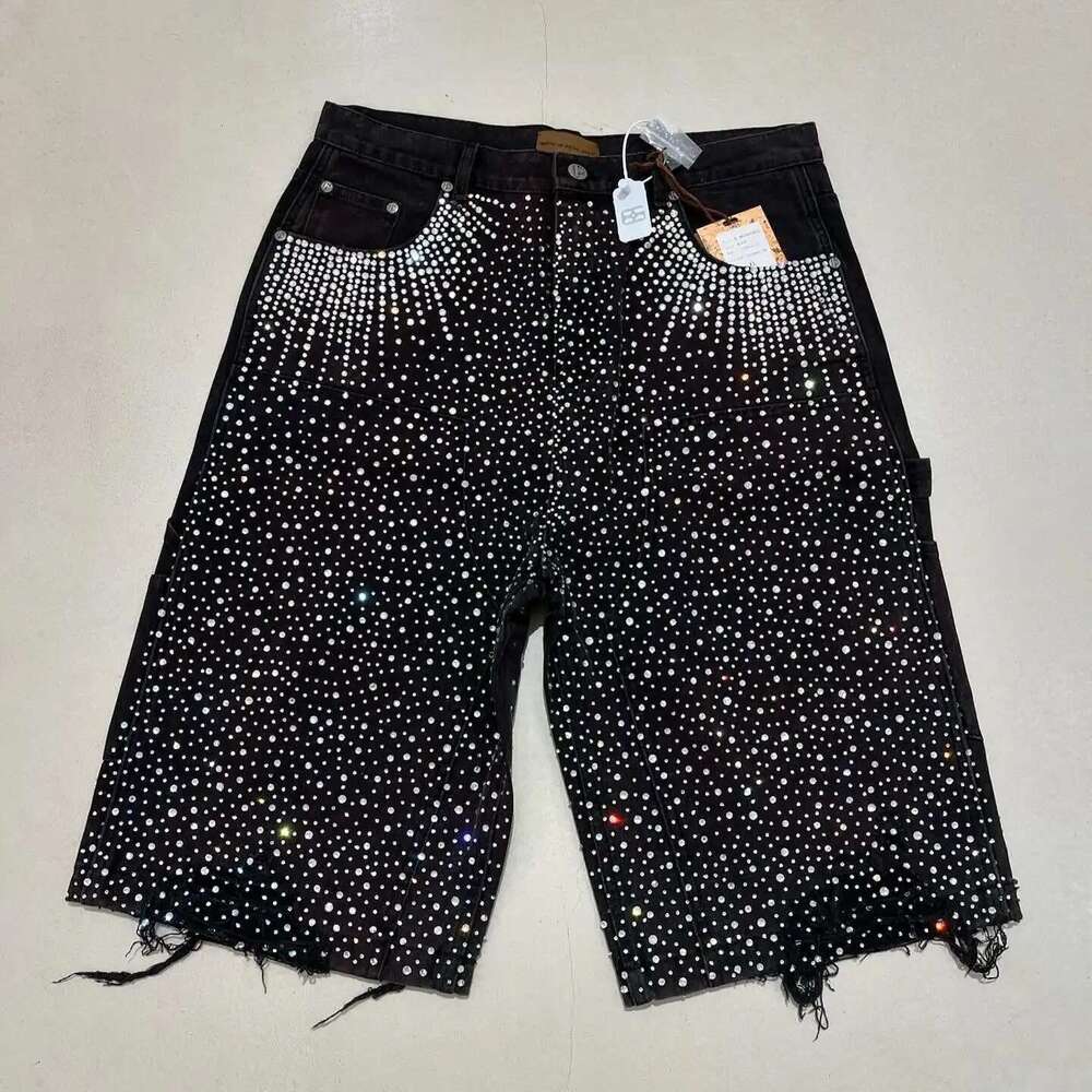 Streetwear Mens Vintage Rhinestone Sequin Y2K Jeans Hip Hop Baggy Denim Gym Casual Basketball Shorts
