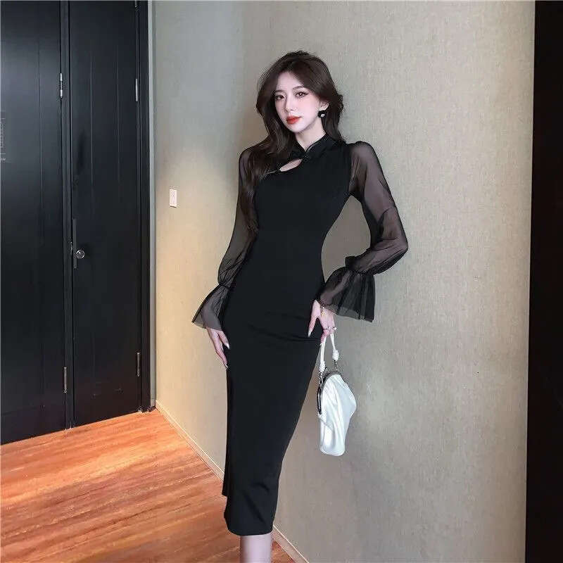 Sexy Mature Pure Desire Style High-End Feel Young Girl Improved Cheongsam Slim Fit Bodycon Dress Spring B5