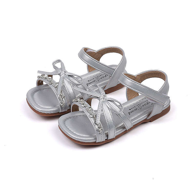 Girls' Sandals 2025 Summer New Little Girl Bow Princess Rhinestone Soft Sole Beach Shoes Fashion