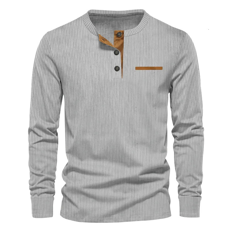 Mens Long Sleeve Tshirt Spring And Autumn Comfortable Corduroy Pocket Daily Casual Henry Shirt Fashion Clothing 250707