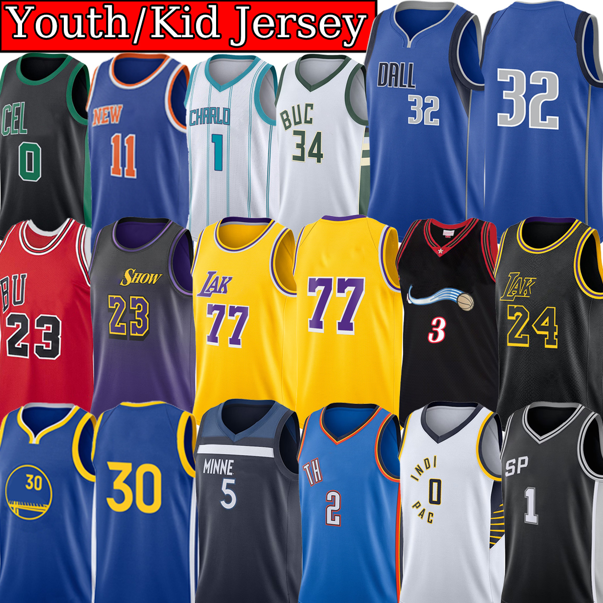 Stitched Kids Basketball Jersey cooper flagg, Lukas Doncic, Bryant, James, Curry, mIchael,Gilgeous Alexander. Iverson,Durant, Tatum, Bird Antetokounmpo Youth Shirt