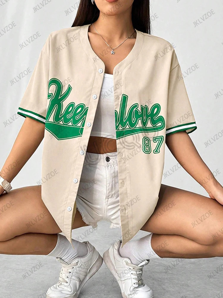 Summer Retro Patchwork Letter Printed Blouse Women Streetwear Baseball Shirt Hip Hop Short Sleeve Baseball Tops 250708