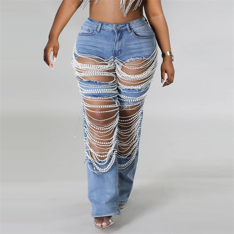 Women Plus Size Pearls Jeans Casual Vintage Hollow Out High Waist Sexy Straight Denim Trousers Summer 2025 Streetwear y250628