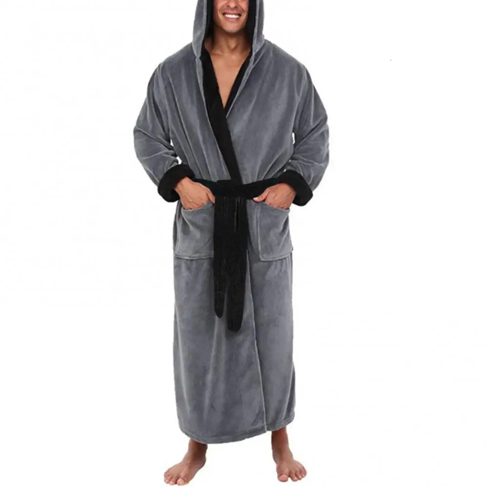 Men Bathrobe Pockets Sleepwear Soft Men Coral Fleece Color Block Long Bath Robe Home Gown Autumn Winter Plush Bathrobe Sleepwear 250710
