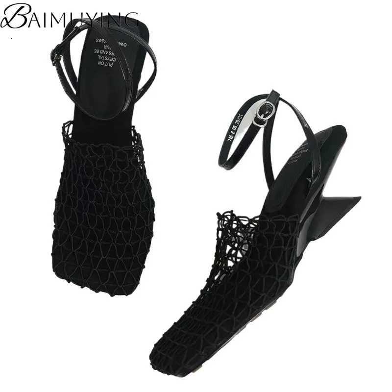 Weave Mesh Women Heeled Sandals Hollow High Heels Shoes Woman Square Toe Slingback 2025 Summer Trend Beach Pumps Sandalias Mujer Z250714