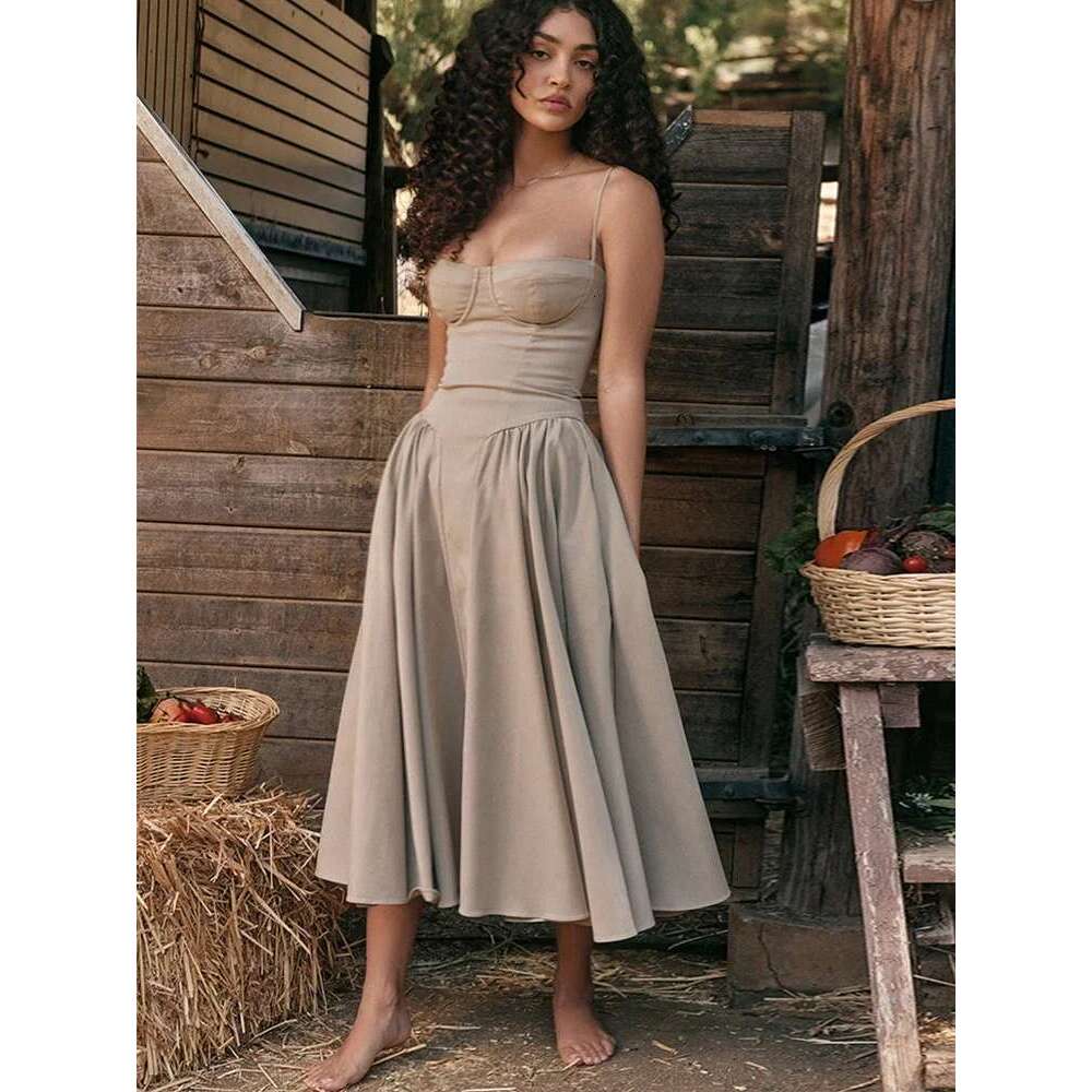 Suninheart Summer Elegant Midi Spaghetti Strap Dresses Slim V Neck A Line Party Khaki Casual Dress Women's Clothing