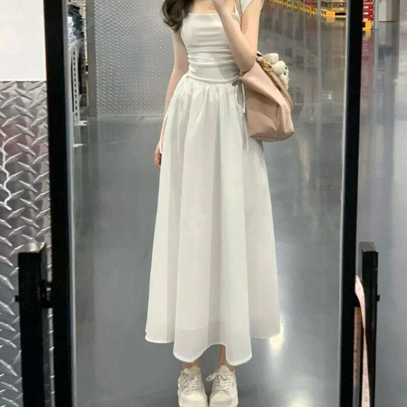 White Summer Women's Fashion New French Style High-End Elegant Long Waist-Cinching Slimming Fairy Dress B5