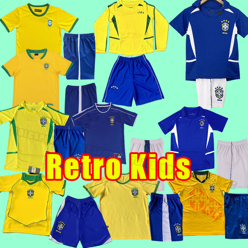 Kids kits Brasil retro soccer jerseys PELE Ronaldo Ronaldinho KAKA R. CARLOS BraziLS RIVALDO classic football shirt 1998 98 2002 02 HOME AWAY child 2004 1994 04 94 long