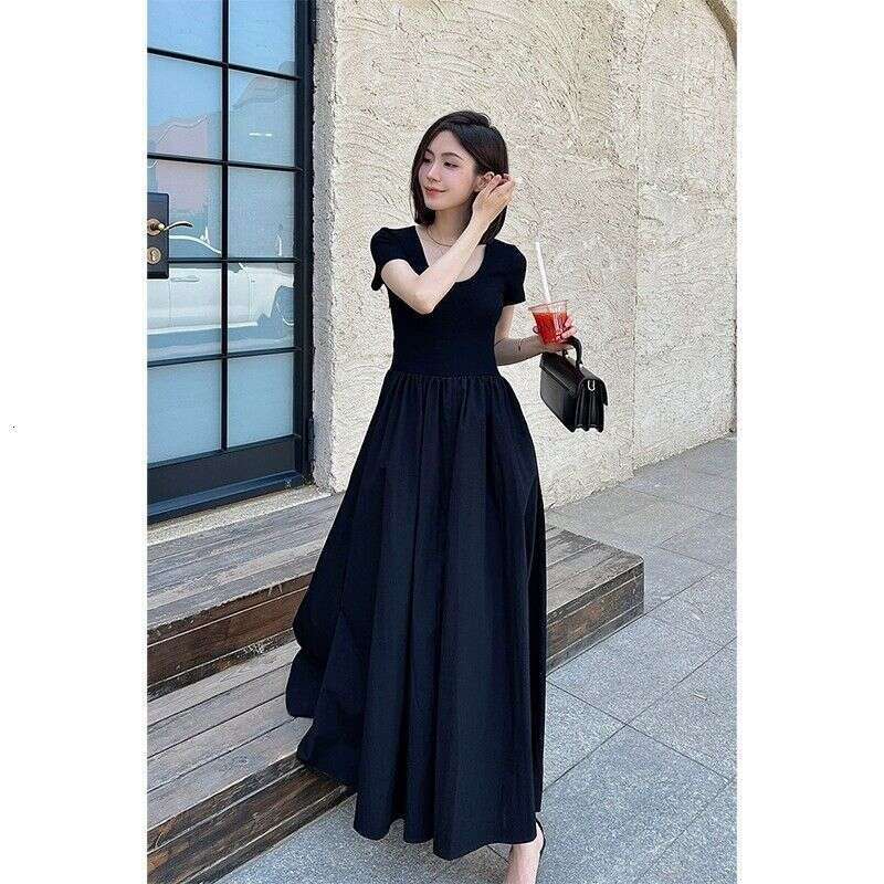 Hepburn Style Black Short Sleeve Summer New French High-End Waist-Cinching Slimming Over-Knee Long Dress B5